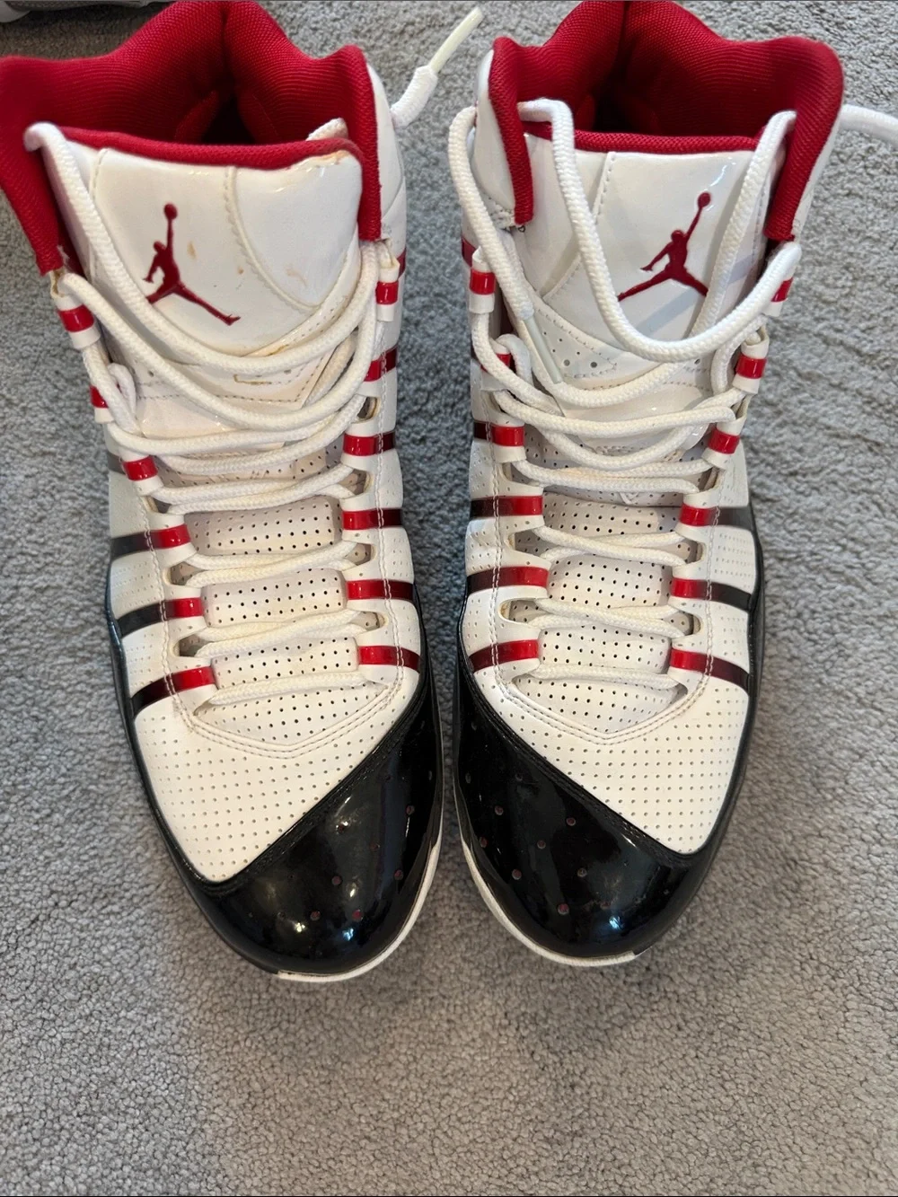 Jordan High-Top Basketball Sneakers in White, Red & Black